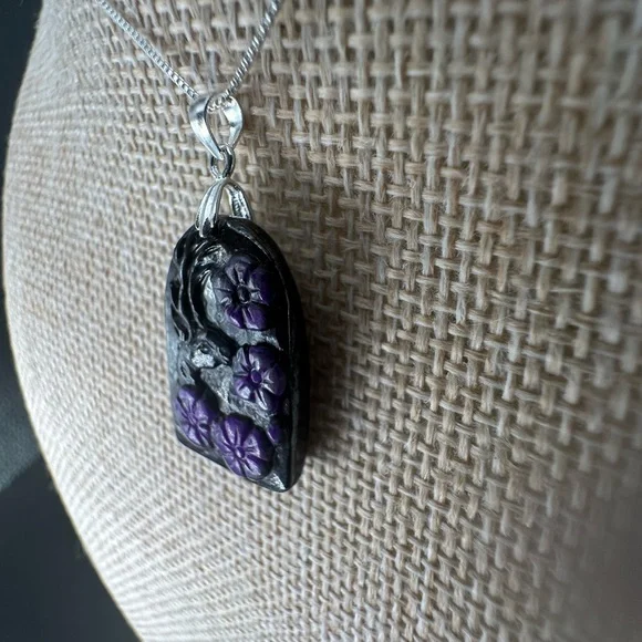 Arch Shaped Deer and Flowers Sugilite Pendant on Sterling Silver Box Chain - Picture 8 of 16